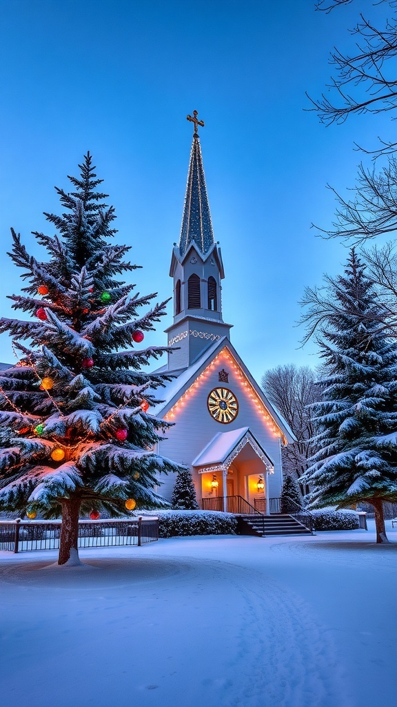 Christmas Church Background Images A charming church decorated for Christmas with lights and snow, set in a peaceful winter landscape.